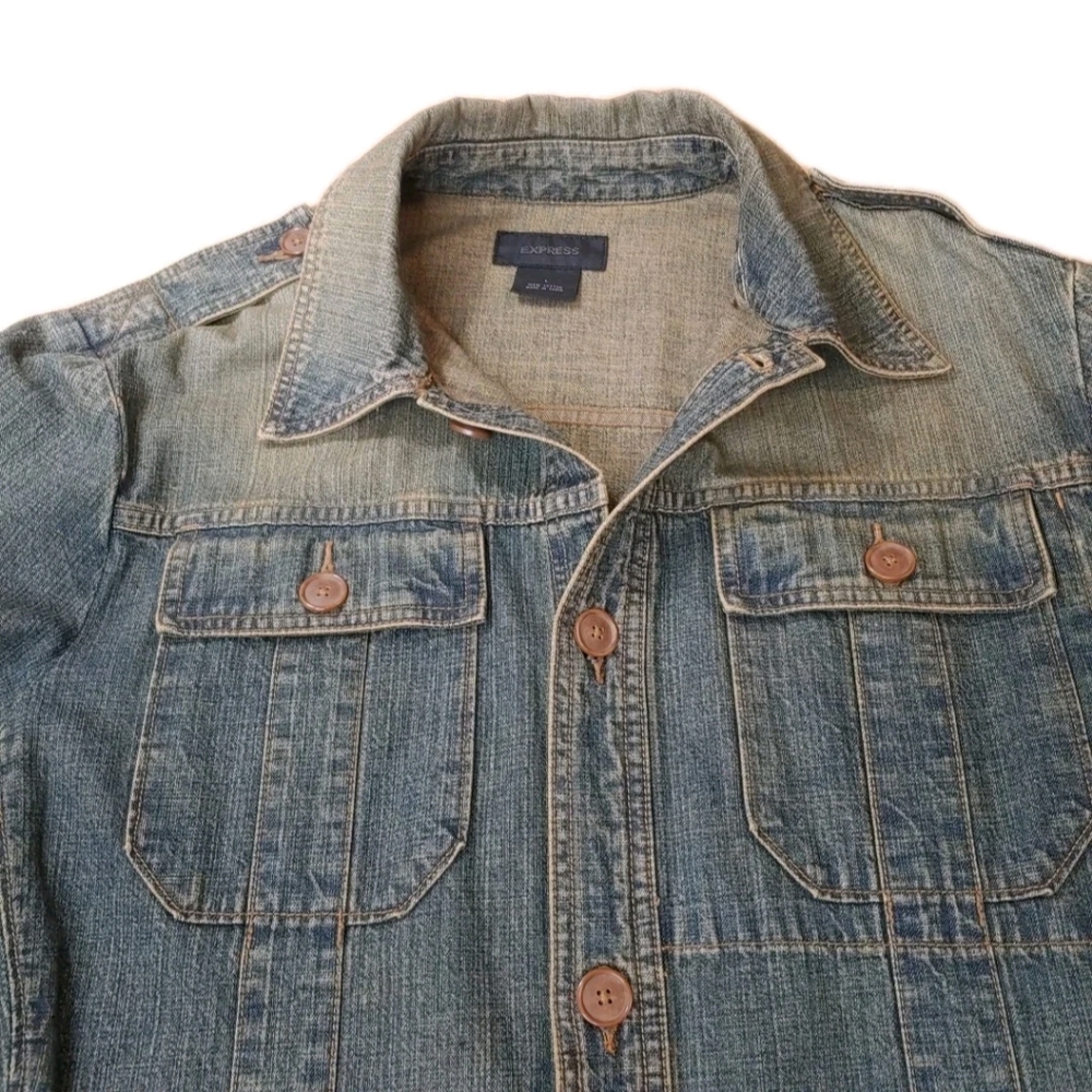 Express Military Jean Jacket Woman Large Blue Denim Button Elbow Patches Utility - Picture 5 of 12